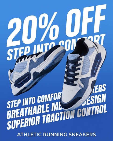 running shoes, athletic sneakers, sneakers, running sneakers, sport shoes, athletic shoes, trainers, sale promotion, modern typography, energetic, bold, blue